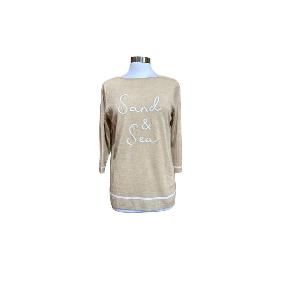 J. Jill Women's Beige Embroidered Knit Top Size M 3/4 Sleeve Blouse - NWT